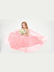 Robe Longue de Demoiselle d'Honneur Junior avec Haut en Paillettes et Jupe en Tulle Flamant