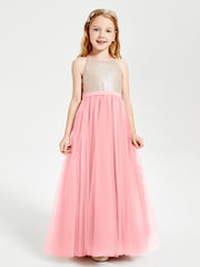 Robe Longue de Demoiselle d'Honneur Junior avec Haut en Paillettes et Jupe en Tulle Flamant