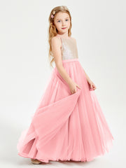 Robe Longue de Demoiselle d'Honneur Junior avec Haut en Paillettes et Jupe en Tulle Flamant