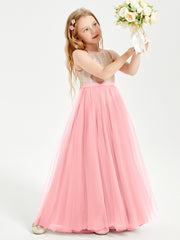 Robe Longue de Demoiselle d'Honneur Junior avec Haut en Paillettes et Jupe en Tulle Flamant