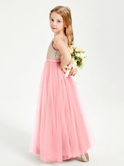 Robe Longue de Demoiselle d'Honneur Junior avec Haut en Paillettes et Jupe en Tulle Flamant