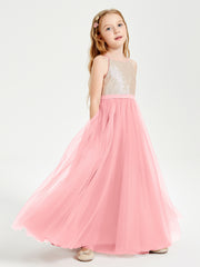 Robe Longue de Demoiselle d'Honneur Junior avec Haut en Paillettes et Jupe en Tulle Flamant