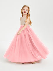 Robe Longue de Demoiselle d'Honneur Junior avec Haut en Paillettes et Jupe en Tulle Flamant