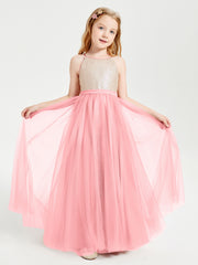 Robe Longue de Demoiselle d'Honneur Junior avec Haut en Paillettes et Jupe en Tulle Flamant