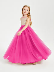Robe Longue de Demoiselle d'Honneur Junior avec Haut en Paillettes et Jupe en Tulle Fuchsia