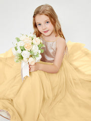 Robe Longue de Demoiselle d'Honneur Junior avec Haut en Paillettes et Jupe en Tulle Or