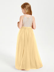 Robe Longue de Demoiselle d'Honneur Junior avec Haut en Paillettes et Jupe en Tulle Or