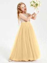 Robe Longue de Demoiselle d'Honneur Junior avec Haut en Paillettes et Jupe en Tulle Or