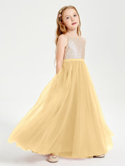 Robe Longue de Demoiselle d'Honneur Junior avec Haut en Paillettes et Jupe en Tulle Or