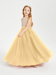 Robe Longue de Demoiselle d'Honneur Junior avec Haut en Paillettes et Jupe en Tulle Or