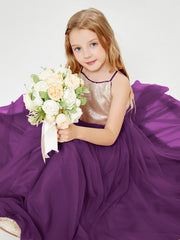 Robe Longue de Demoiselle d'Honneur Junior avec Haut en Paillettes et Jupe en Tulle Raisin