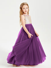 Robe Longue de Demoiselle d'Honneur Junior avec Haut en Paillettes et Jupe en Tulle Raisin