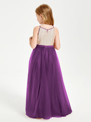 Robe Longue de Demoiselle d'Honneur Junior avec Haut en Paillettes et Jupe en Tulle Raisin