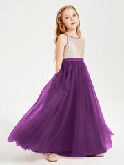 Robe Longue de Demoiselle d'Honneur Junior avec Haut en Paillettes et Jupe en Tulle Raisin
