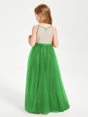 Robe Longue de Demoiselle d'Honneur Junior avec Haut en Paillettes et Jupe en Tulle Vert
