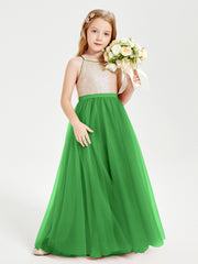 Robe Longue de Demoiselle d'Honneur Junior avec Haut en Paillettes et Jupe en Tulle Vert