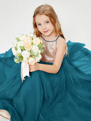 Robe Longue de Demoiselle d'Honneur Junior avec Haut en Paillettes et Jupe en Tulle Bleu Encre