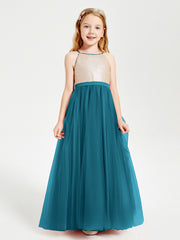 Robe Longue de Demoiselle d'Honneur Junior avec Haut en Paillettes et Jupe en Tulle Bleu Encre