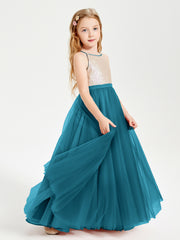 Robe Longue de Demoiselle d'Honneur Junior avec Haut en Paillettes et Jupe en Tulle Bleu Encre