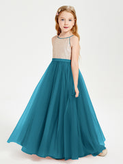 Robe Longue de Demoiselle d'Honneur Junior avec Haut en Paillettes et Jupe en Tulle Bleu Encre