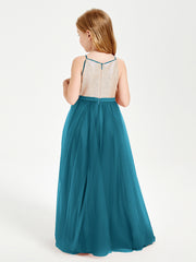 Robe Longue de Demoiselle d'Honneur Junior avec Haut en Paillettes et Jupe en Tulle Bleu Encre