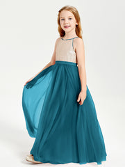 Robe Longue de Demoiselle d'Honneur Junior avec Haut en Paillettes et Jupe en Tulle Bleu Encre