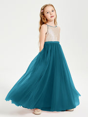 Robe Longue de Demoiselle d'Honneur Junior avec Haut en Paillettes et Jupe en Tulle Bleu Encre