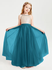 Robe Longue de Demoiselle d'Honneur Junior avec Haut en Paillettes et Jupe en Tulle Bleu Encre