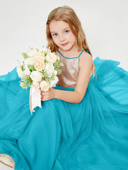 Robe Longue de Demoiselle d'Honneur Junior avec Haut en Paillettes et Jupe en Tulle Jade