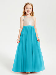 Robe Longue de Demoiselle d'Honneur Junior avec Haut en Paillettes et Jupe en Tulle Jade