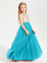 Robe Longue de Demoiselle d'Honneur Junior avec Haut en Paillettes et Jupe en Tulle Jade