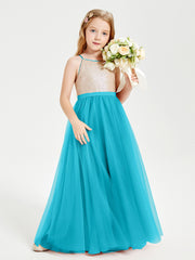 Robe Longue de Demoiselle d'Honneur Junior avec Haut en Paillettes et Jupe en Tulle Jade