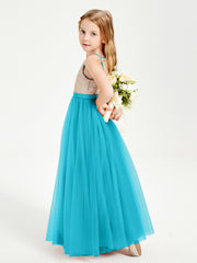 Robe Longue de Demoiselle d'Honneur Junior avec Haut en Paillettes et Jupe en Tulle Jade