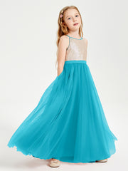 Robe Longue de Demoiselle d'Honneur Junior avec Haut en Paillettes et Jupe en Tulle Jade