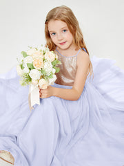 Robe Longue de Demoiselle d'Honneur Junior avec Haut en Paillettes et Jupe en Tulle Lavande