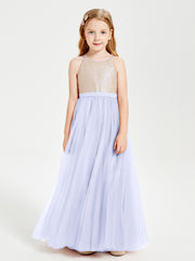 Robe Longue de Demoiselle d'Honneur Junior avec Haut en Paillettes et Jupe en Tulle Lavande
