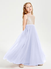 Robe Longue de Demoiselle d'Honneur Junior avec Haut en Paillettes et Jupe en Tulle Lavande