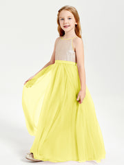 Robe Longue de Demoiselle d'Honneur Junior avec Haut en Paillettes et Jupe en Tulle Citron