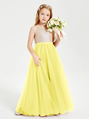Robe Longue de Demoiselle d'Honneur Junior avec Haut en Paillettes et Jupe en Tulle Citron