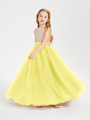 Robe Longue de Demoiselle d'Honneur Junior avec Haut en Paillettes et Jupe en Tulle Citron