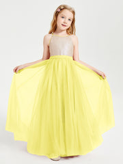 Robe Longue de Demoiselle d'Honneur Junior avec Haut en Paillettes et Jupe en Tulle Citron