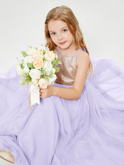 Robe Longue de Demoiselle d'Honneur Junior avec Haut en Paillettes et Jupe en Tulle Lilas