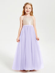 Robe Longue de Demoiselle d'Honneur Junior avec Haut en Paillettes et Jupe en Tulle Lilas
