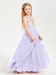 Robe Longue de Demoiselle d'Honneur Junior avec Haut en Paillettes et Jupe en Tulle Lilas