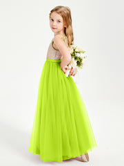 Robe Longue de Demoiselle d'Honneur Junior avec Haut en Paillettes et Jupe en Tulle Vert Citron