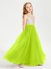Robe Longue de Demoiselle d'Honneur Junior avec Haut en Paillettes et Jupe en Tulle Vert Citron