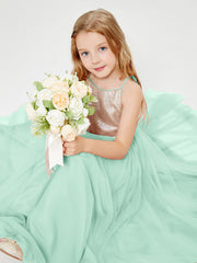 Robe Longue de Demoiselle d'Honneur Junior avec Haut en Paillettes et Jupe en Tulle Vert Menthe