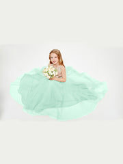 Robe Longue de Demoiselle d'Honneur Junior avec Haut en Paillettes et Jupe en Tulle Vert Menthe