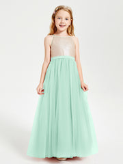 Robe Longue de Demoiselle d'Honneur Junior avec Haut en Paillettes et Jupe en Tulle Vert Menthe