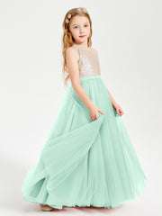 Robe Longue de Demoiselle d'Honneur Junior avec Haut en Paillettes et Jupe en Tulle Vert Menthe